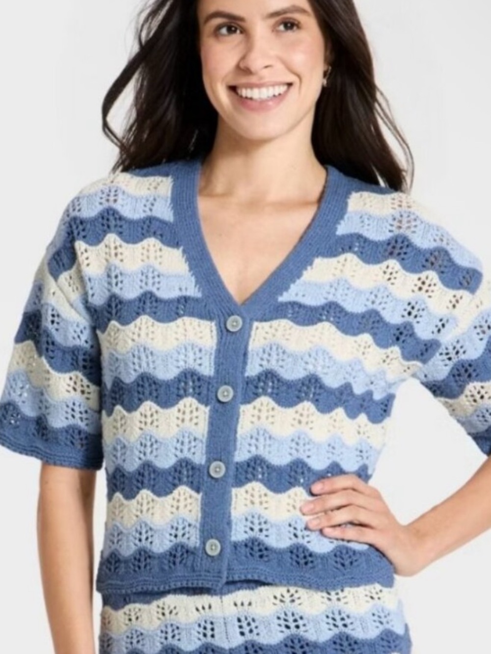Universal Thread Blue Cream Short-Sleeve Knit Cardigan Size L
